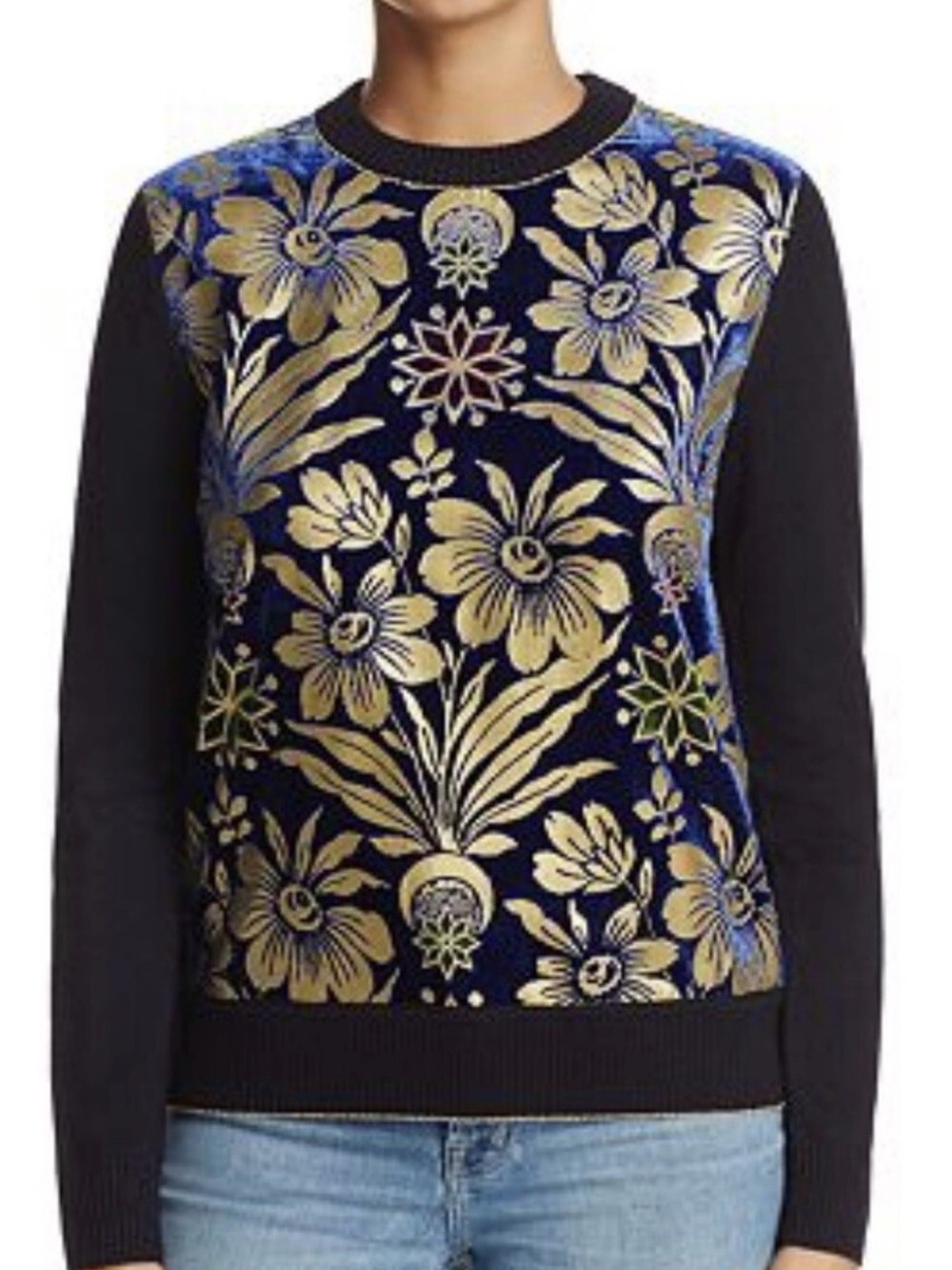Tory Burch Hollis Cosmic Floral Velvet Panel Merino Wool Sweater - Size XL